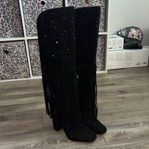 Jessica Simpson Black Over the Knee Fringe Boots